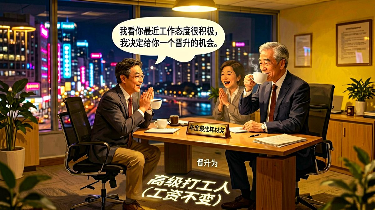 老板：你值得晋升！员工：太好了！老板：晋升为高级打工人，工资原样，加油。