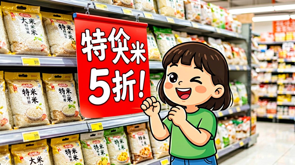 看到特价大米，小明激动地抓起最大的一袋