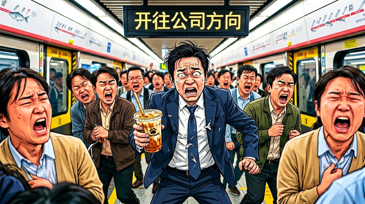 早高峰地铁挤到怀疑人生，连咖啡都洒了一半。