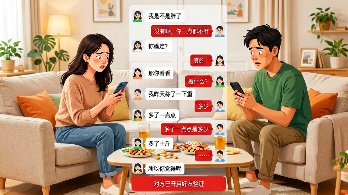 一句「多了十斤」直接触发对方好友验证——男生的人生终点，往往始于一个错误答案。