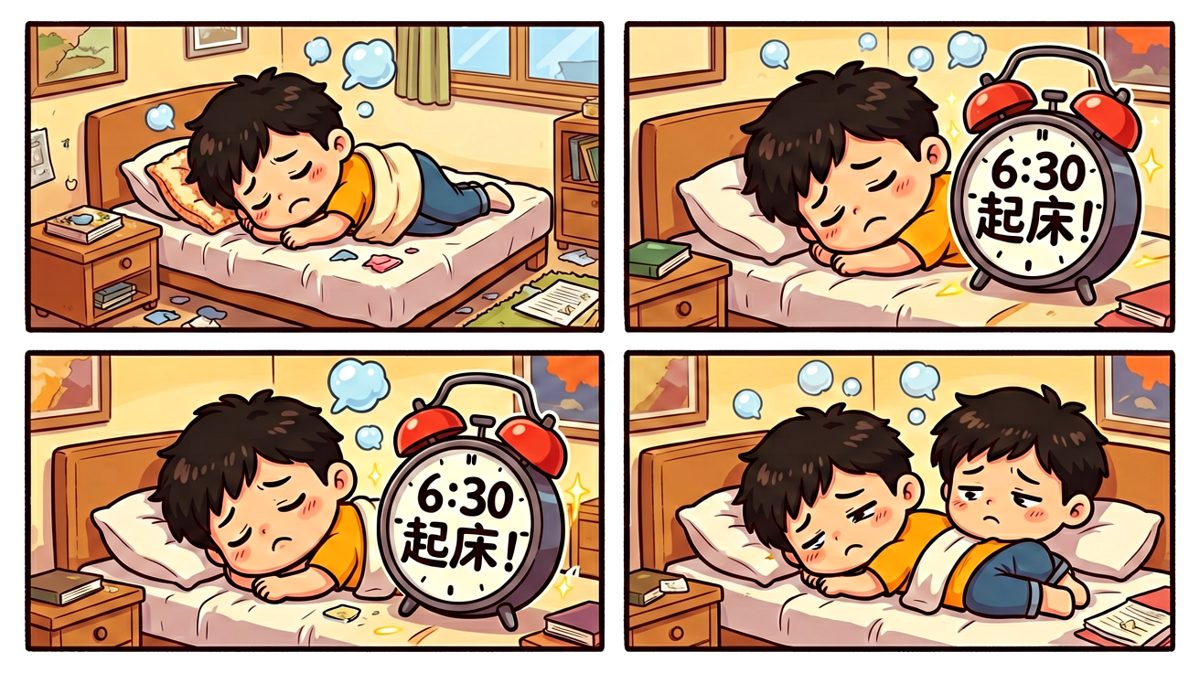 闹钟狂响，主角还在睡梦中挣扎