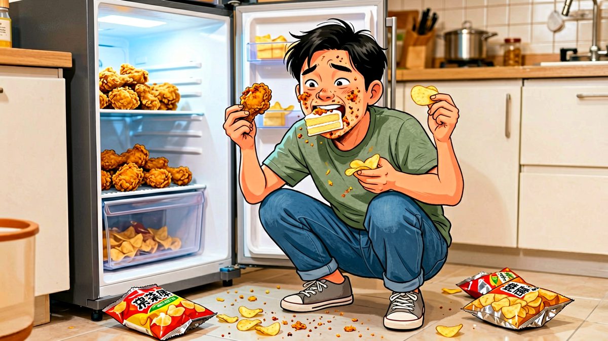 减肥？不存在的！主角在深夜美食狂欢中彻底沦陷。