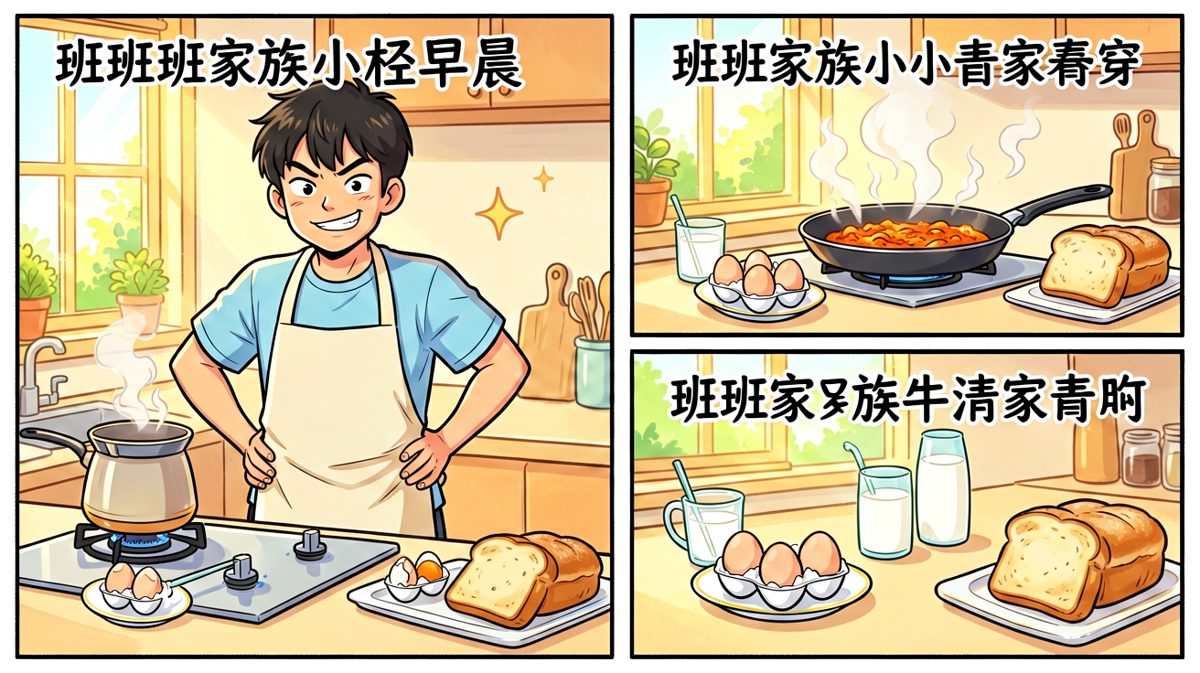 第一格：小伟信心满满宣布今天要自己做饭
