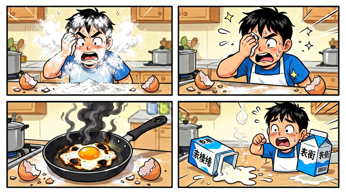 第二格：做饭现场彻底失控，一片狼藉
