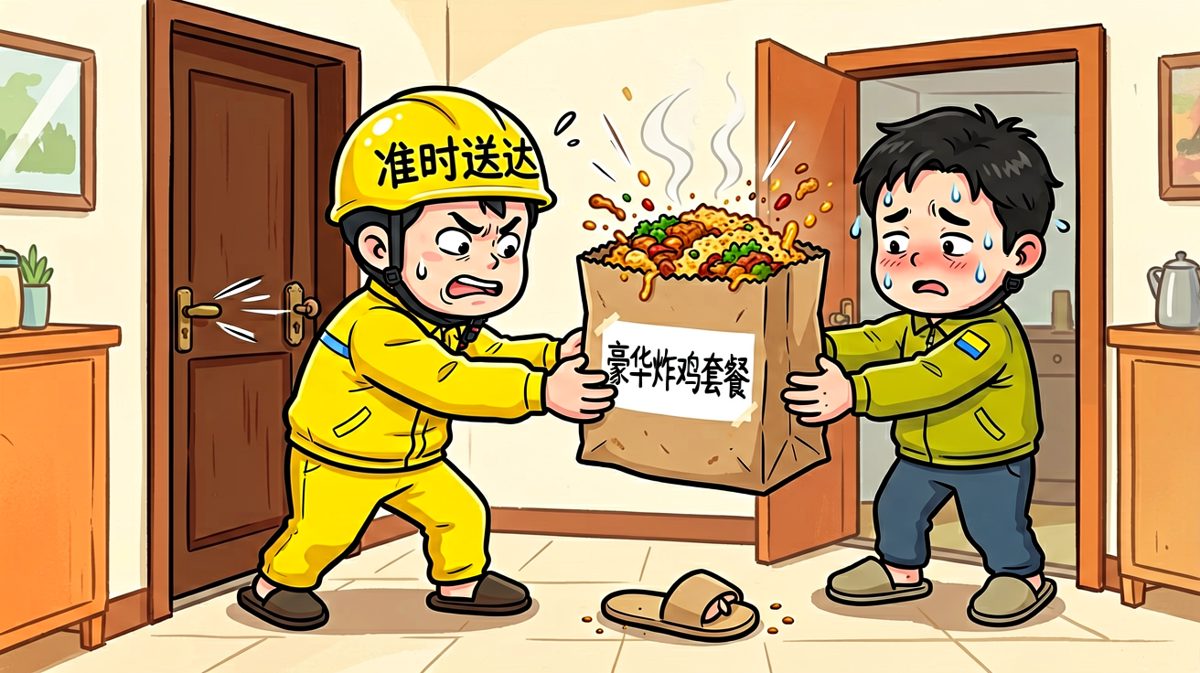 外卖准时送达，主角睡眼惺忪接过美食