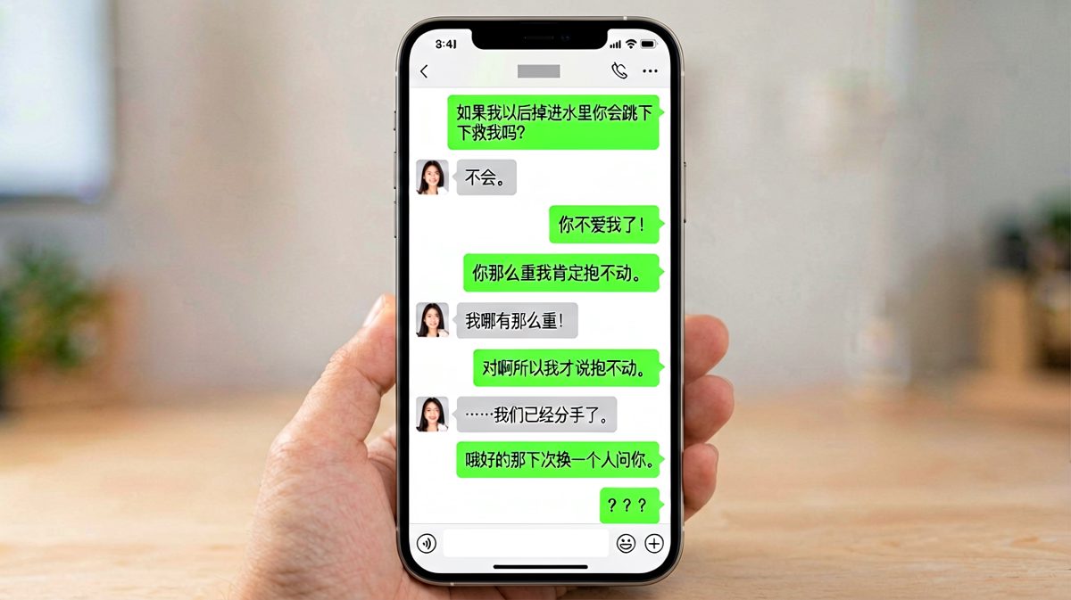 直男式逻辑闭环，女生被气到提分手，男生还在认真思考下次怎么答。
