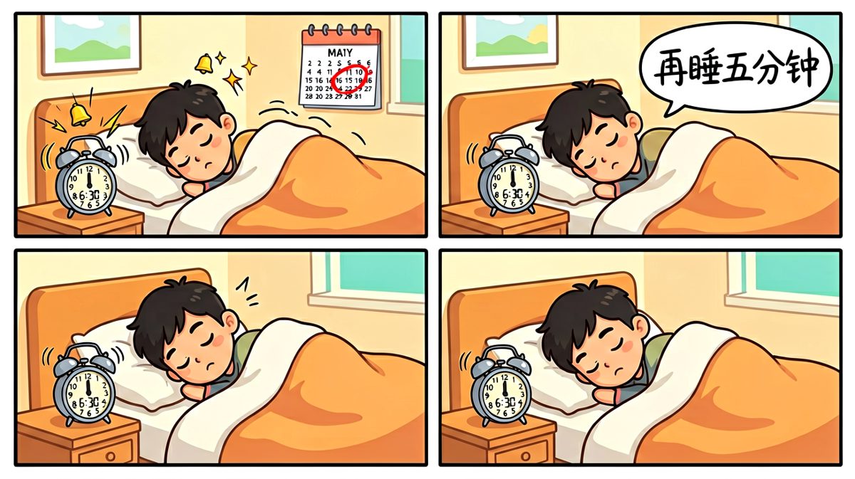 闹钟响了，决定再睡五分钟