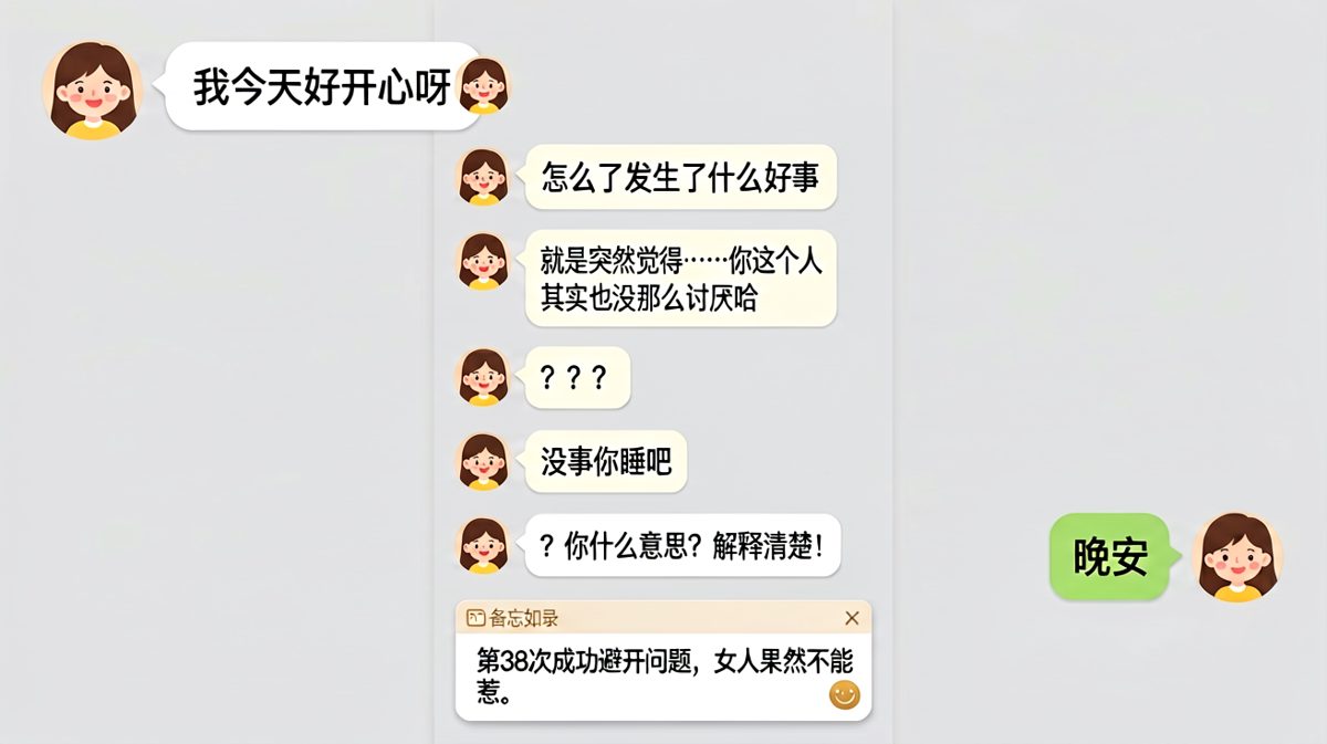 女方试图套话，男方用备忘录记录逃课心得