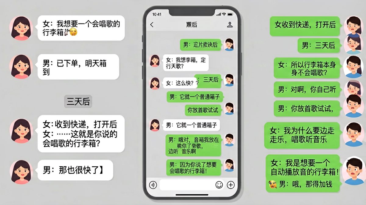 男生把「会唱歌的行李箱」理解成了「配个音箱的行李箱」，脑回路清奇。