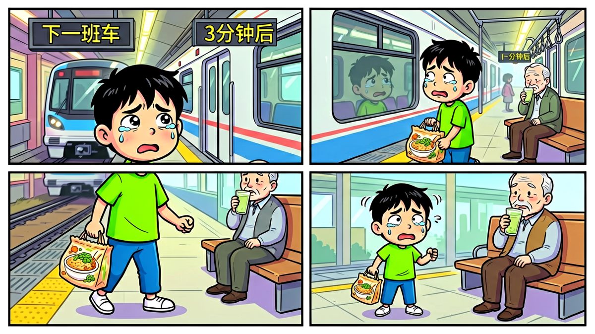 小明成功被挤下车，只能眼巴巴等下一班车。