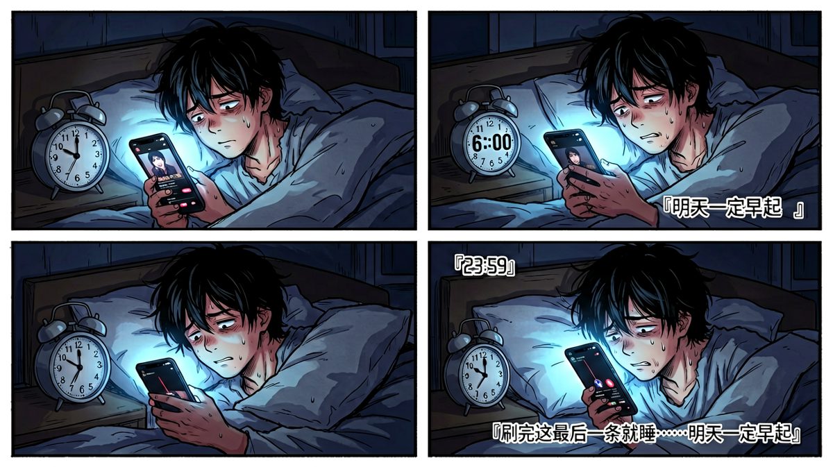第4格：深夜反省后再次立下flag，循环继续。