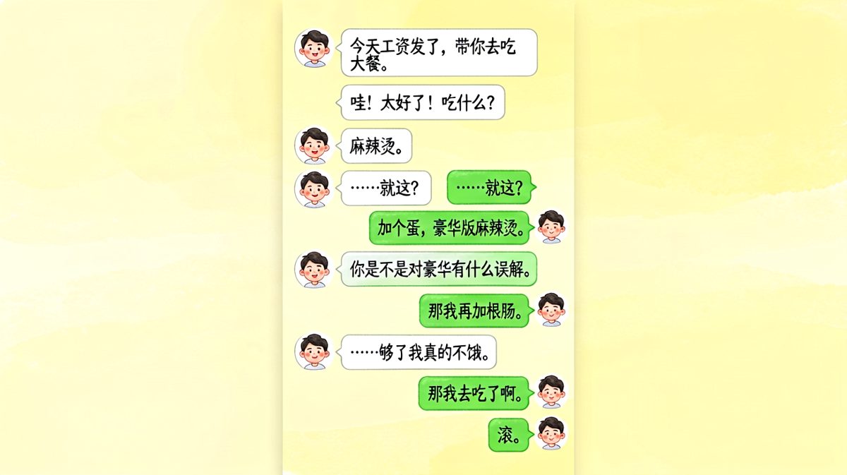 男生豪气宣布请吃大餐，结果豪华版麻辣烫让女朋友无语凝噎。