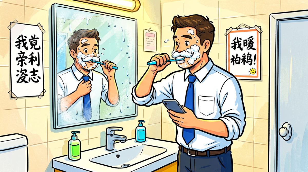 边刷牙边回消息，满脸牙膏沫。