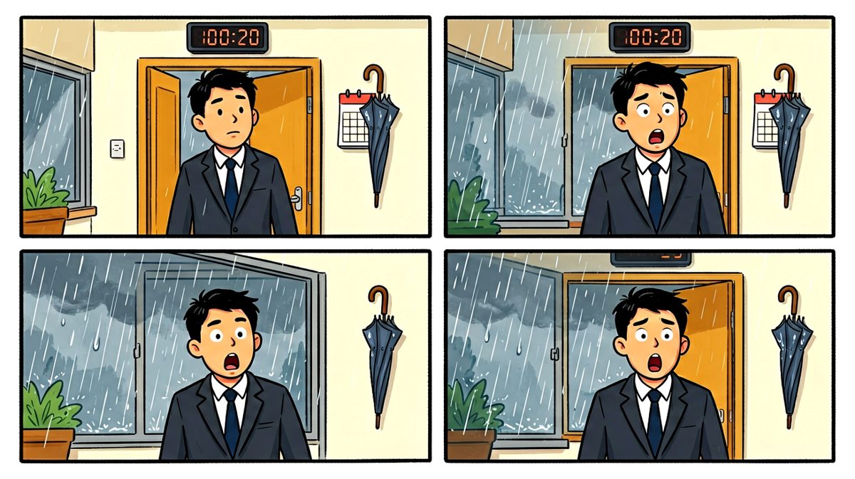 打开门才知道下暴雨了！