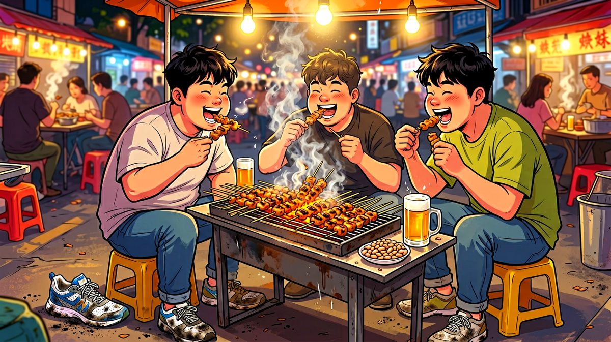 第二天早上，穿着运动鞋出现在烧烤摊，宣布——明天再减！