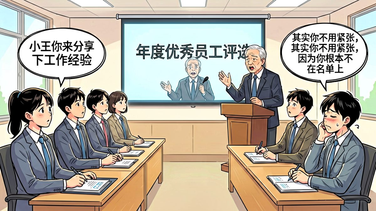 老板：小王分享下经验！小王：好的！老板：不用紧张你不在名单上