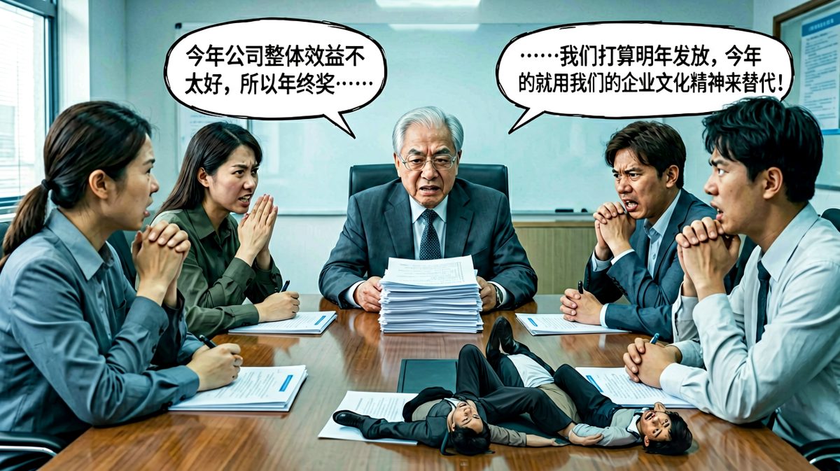 老板：年终奖明年发，今年用企业文化精神替代——员工当场去世