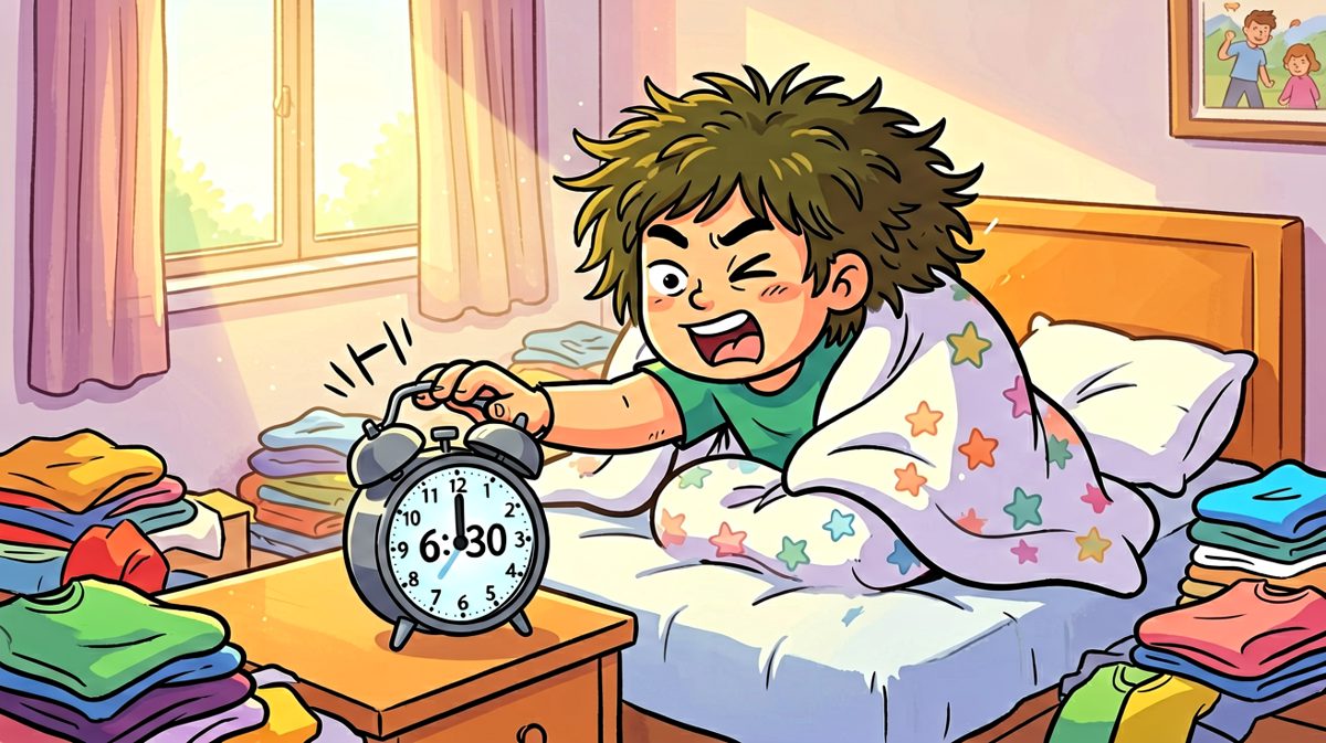 闹钟狂响，主角挣扎着爬起来