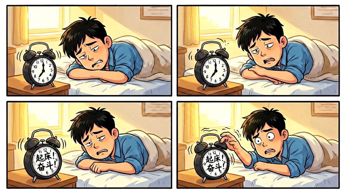 闹钟响了，主角在极度困倦中挣扎着伸手去关闹钟