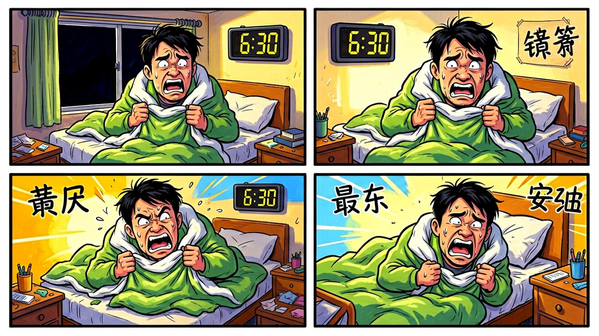 闹钟响起，主角在被子封印下艰难挣扎