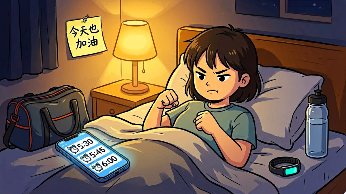 深夜雄心壮志，设置五个闹钟誓要早起健身。