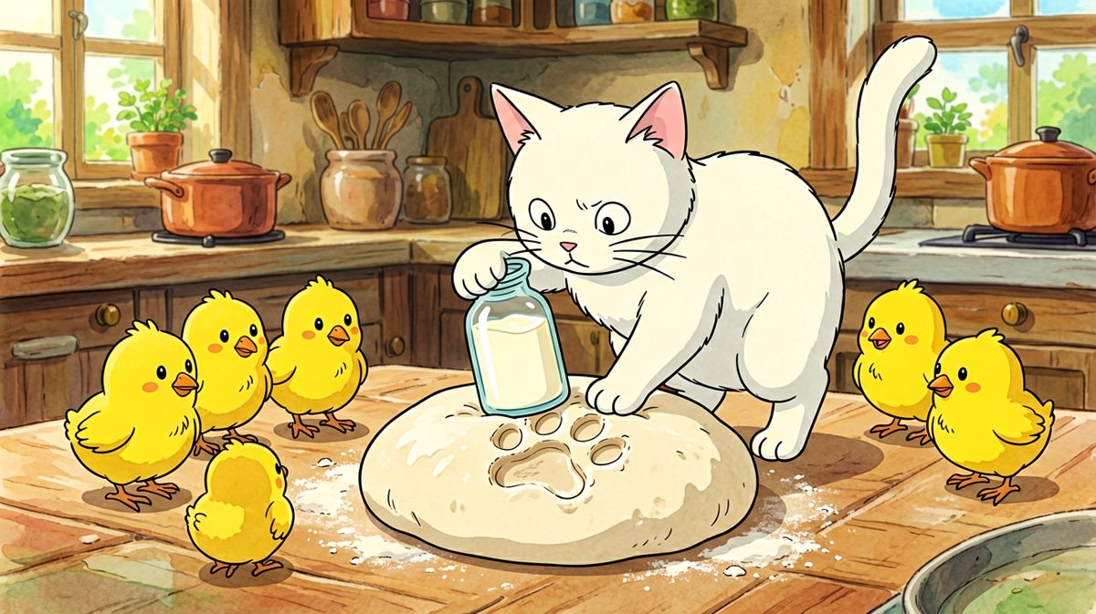 白猫以为自己在做面包，其实它只是在上面踩出了自己的签名。
