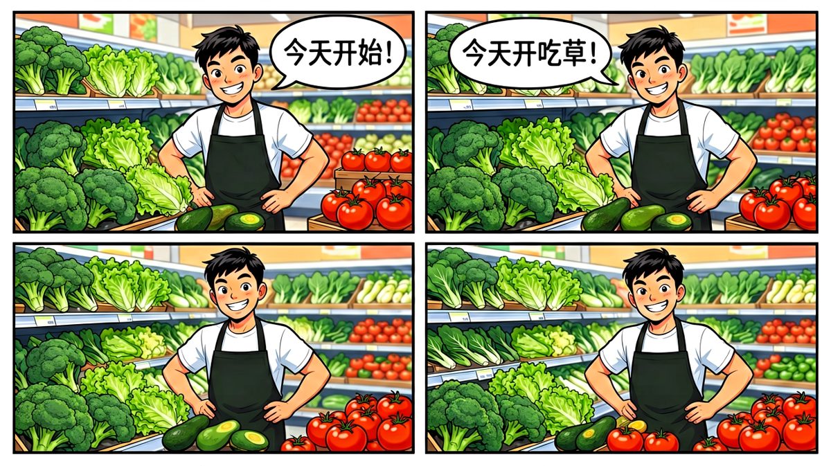 主角在超市采购一堆健康蔬菜，满怀信心准备开启健康饮食。