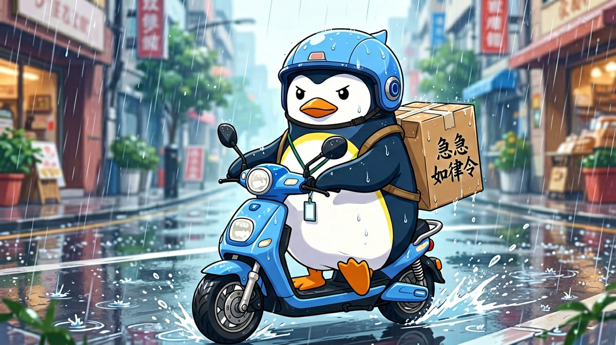 企鹅快递员冒雨送餐，您的外卖到了！