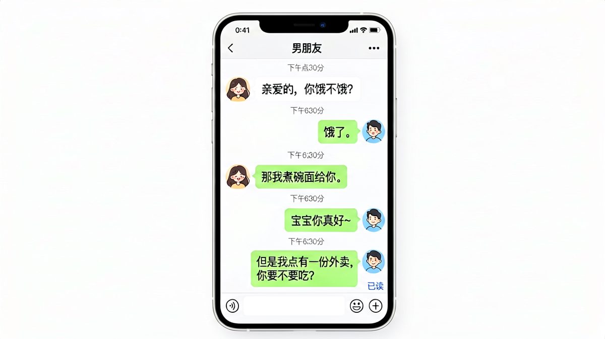 女生关心男生的温暖开场，最后反转成一起拼单外卖