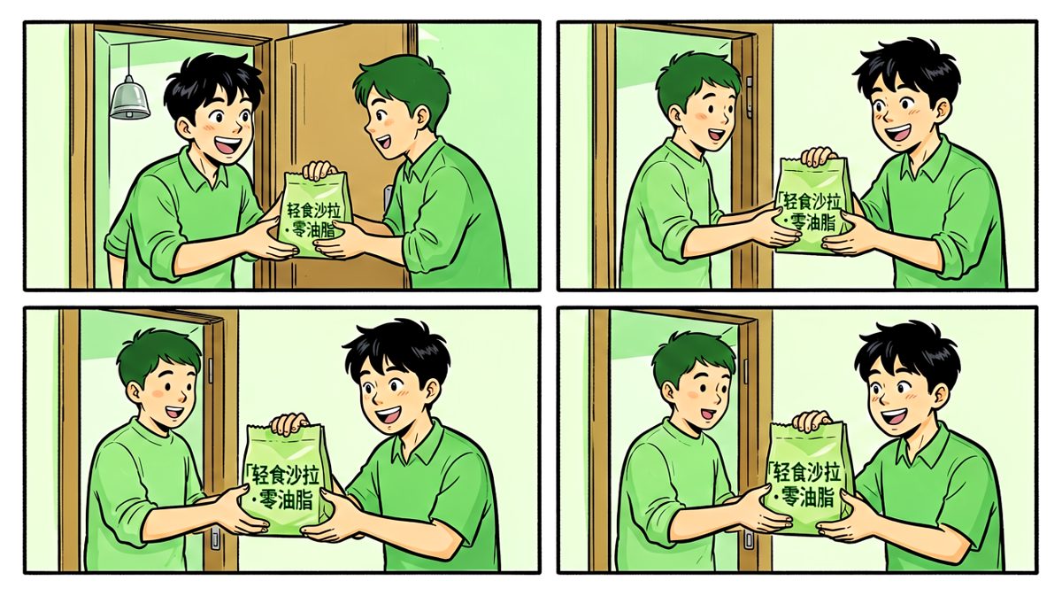 外卖到了！他满心欢喜接过袋子，却没看见上面赫然写着「轻食沙拉」。