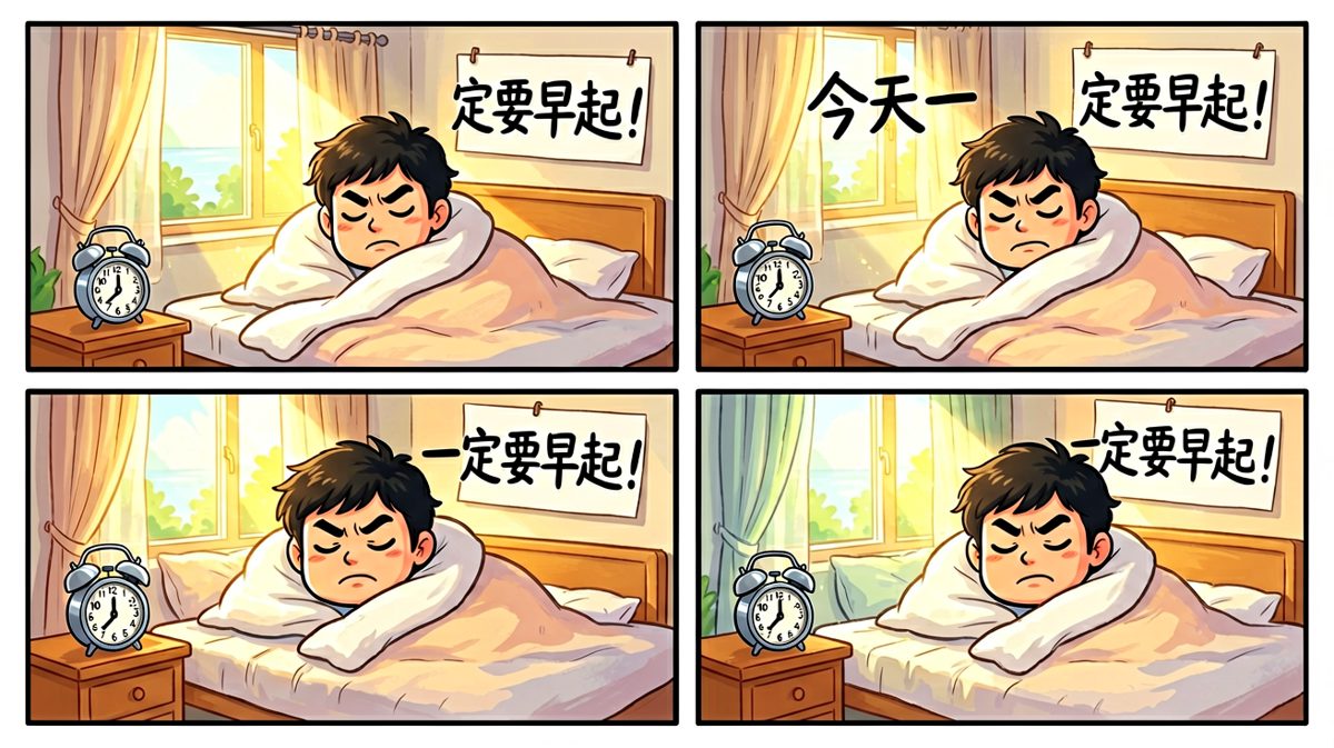 主角雄心壮志设定五点闹钟，誓要早起。