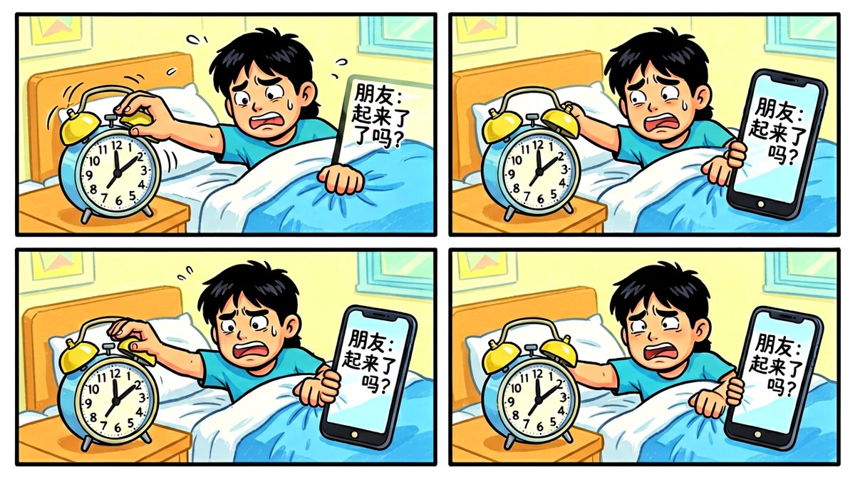 闹钟响后挣扎五秒，最终被窝赢了。