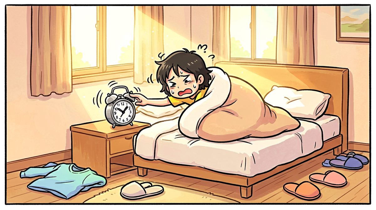 闹钟响起，主人公痛苦挣扎