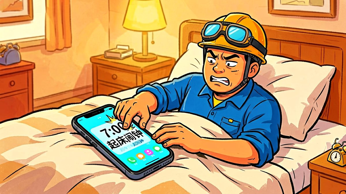 第一格：闹钟响起，打工人痛苦挣扎伸手去按