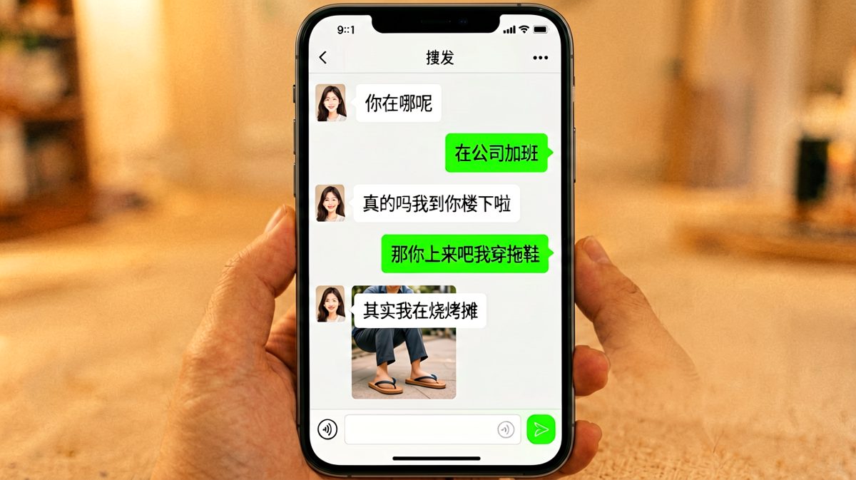 加班谎言被拆穿，男生穿着人字拖吃烧烤的社死瞬间。