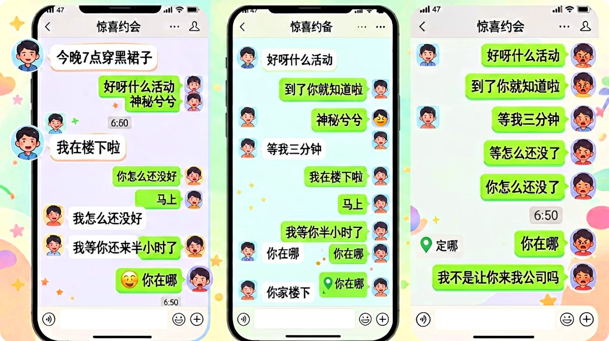 惊喜变惊吓，男生搞错地点的约会灾难现场。