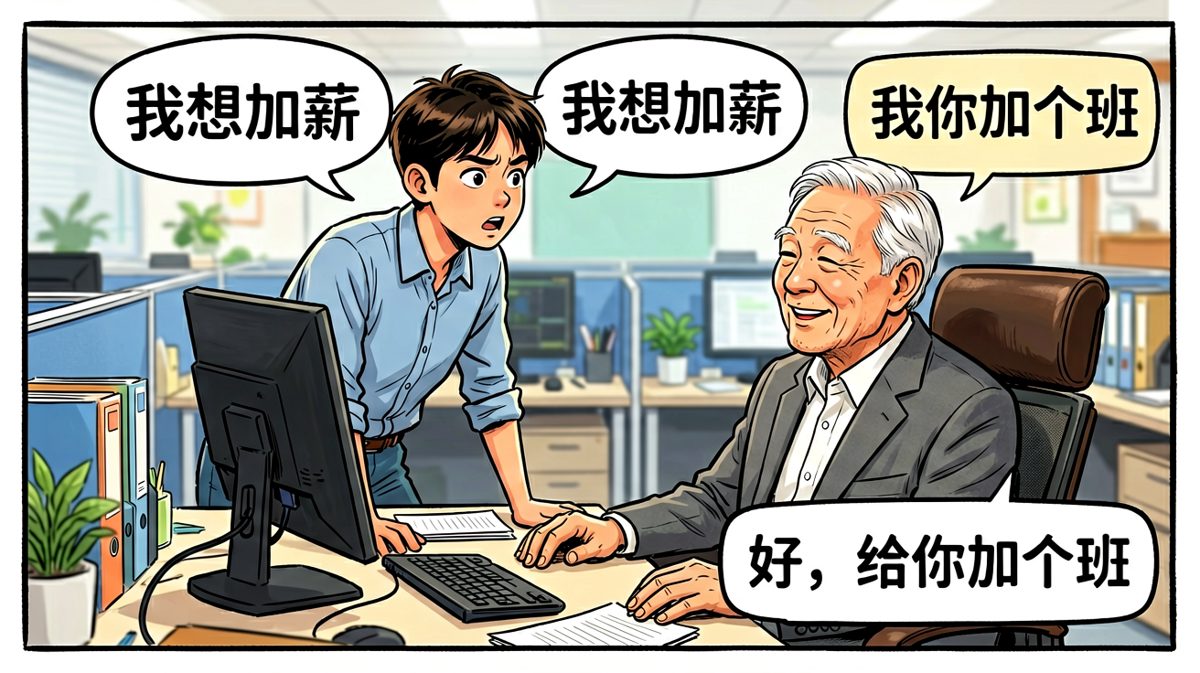 员工：我想加薪。老板：没问题，给你加薪……班。