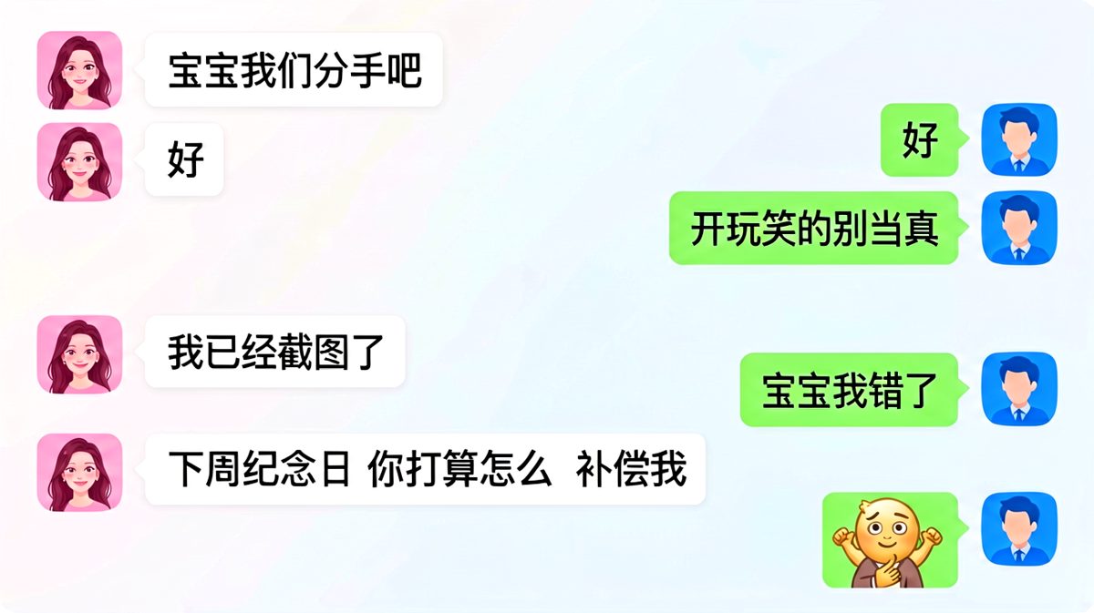 男生嘴瓢说分手，女生截图当把柄反向索要补偿