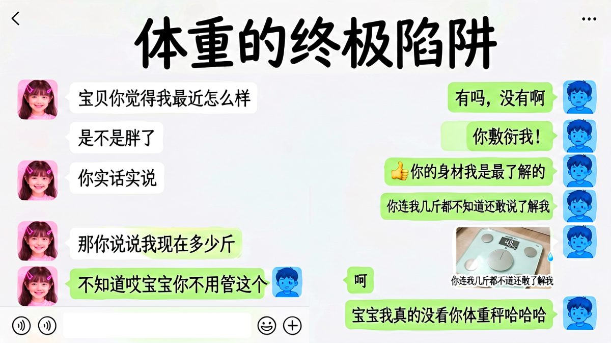 男生以为夸了就够了，结果女生甩出体重照片当场社死，求生欲满格的真实写照。