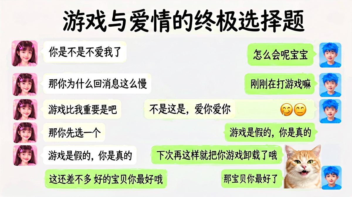 男生在游戏和女友之间走钢丝，最后靠一句'游戏是假的你是真的'化险为夷并反客为主。