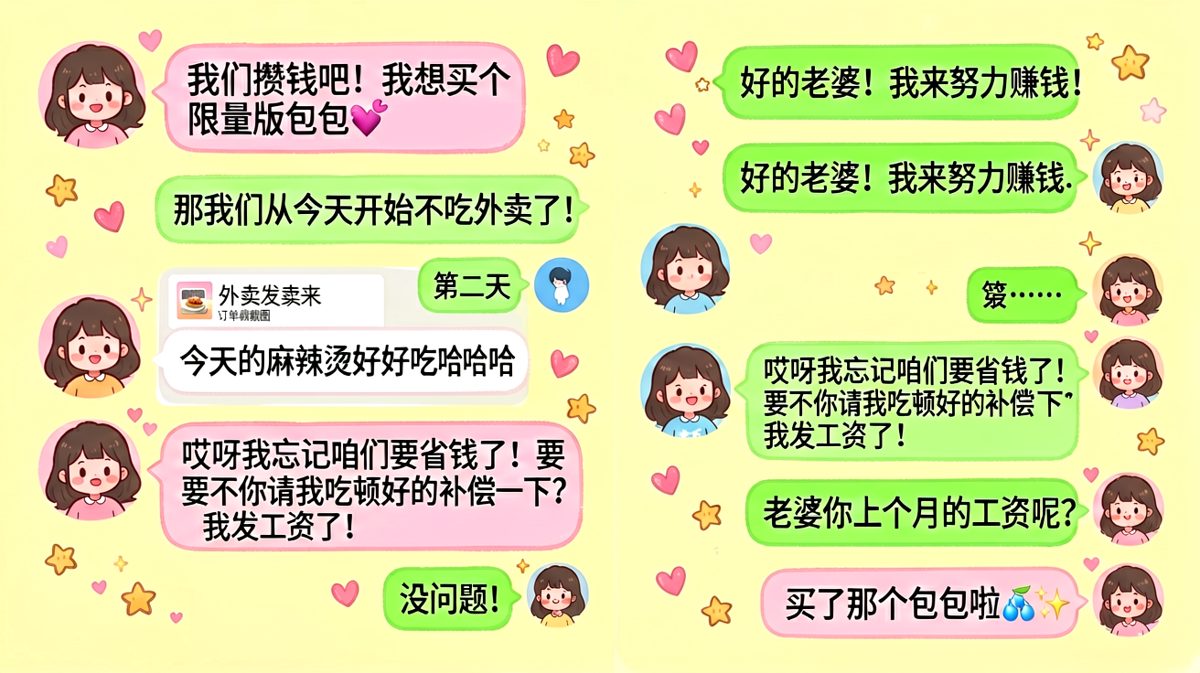 商量好一起攒钱买包包，结果先花了男朋友的工资