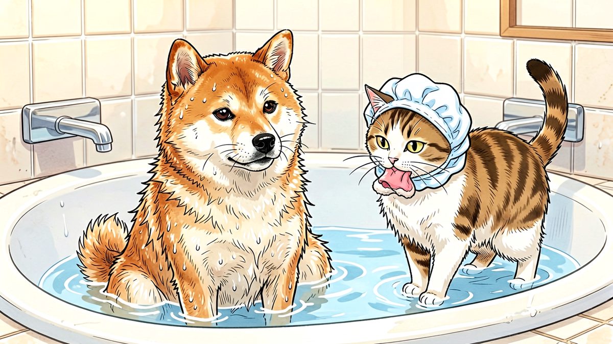 柴犬：洗澡是我的酷刑，猫在旁边看我表演，太残忍了。