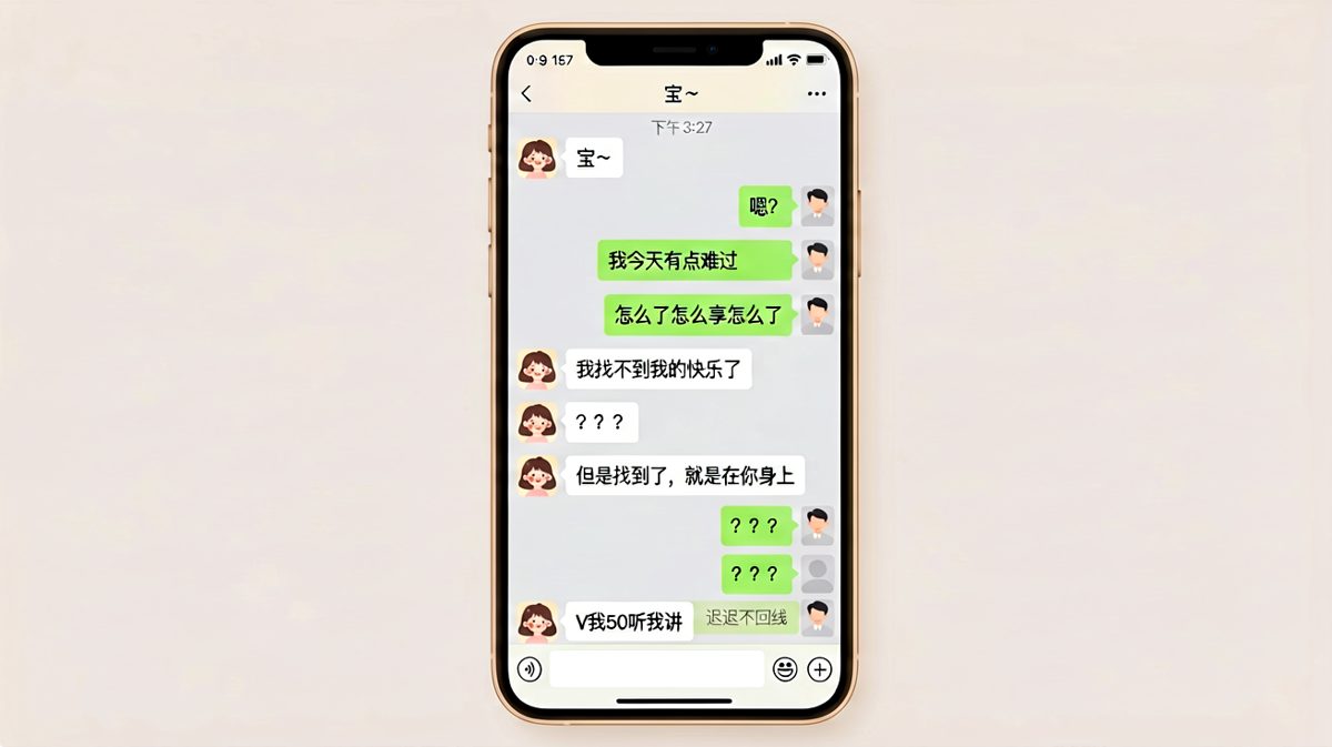 女生的套路环环相扣，男生最终V了50块并收获了满屏问号。