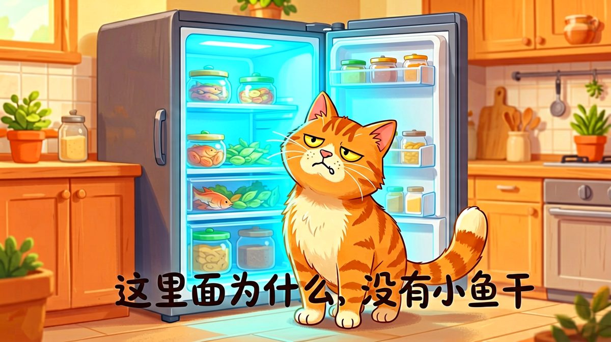 猫猫打开冰箱找吃的，结果发现里面只有剩菜，表情从期待到崩溃只需要一秒。