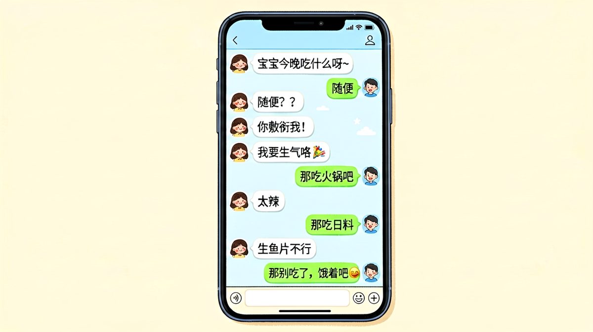 男生从'随便'一路滑铁卢到'别吃了'，求生欲彻底下线。