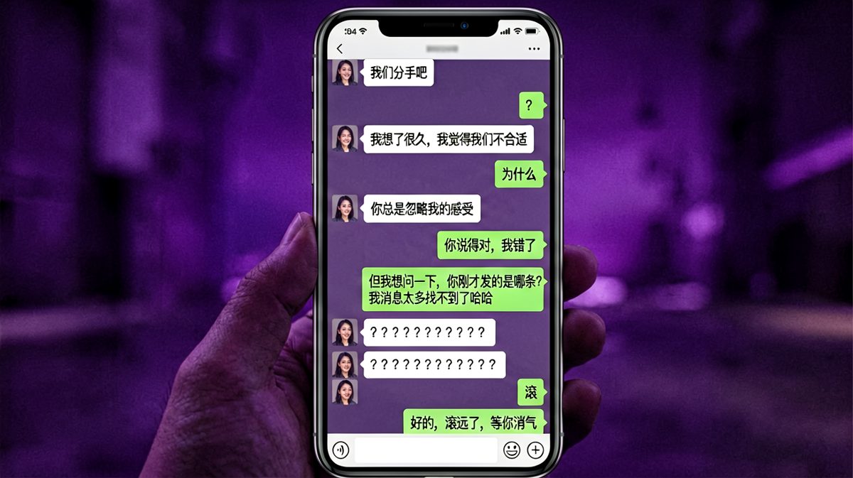 女生假装严肃提分手，结果男生根本不在意还在找是哪条消息