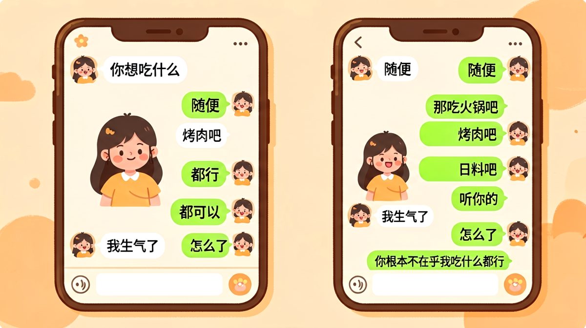 男生回答'随便'后掉入'你不在乎我'的灵魂陷阱