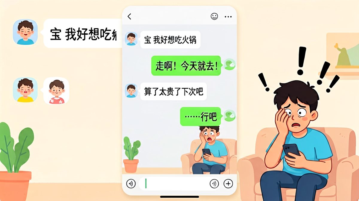 想吃火锅的男生从热情邀约到自我劝退，只用了三句话。
