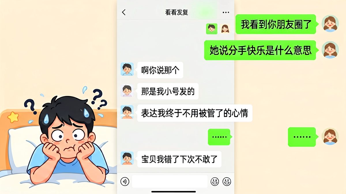 她的朋友圈文案是'分手快乐'，他的心却是'即将分手'。