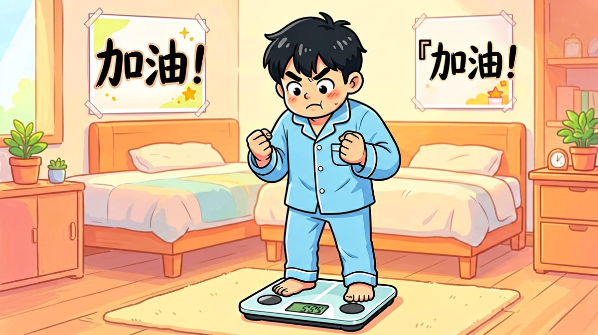 主角对着体重秤发誓要减肥